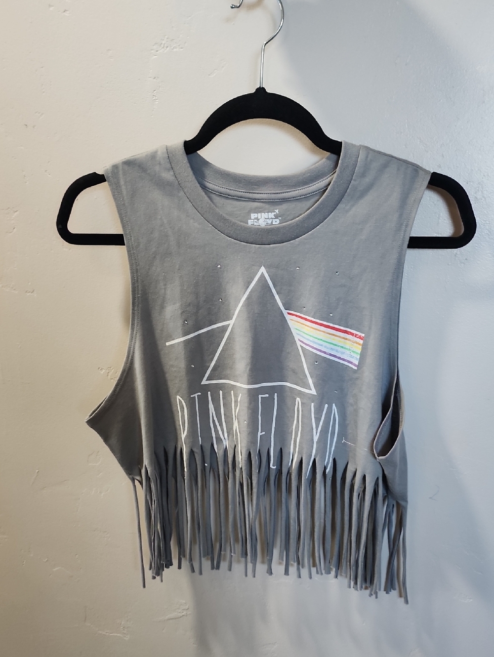 Pink Floyd Grey Fringe Crop Tank with Prism Rainbow Graphic